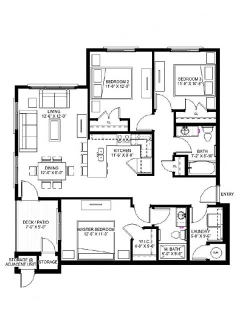 Floor plan for 3 beds, 2 baths, 1263 sqft